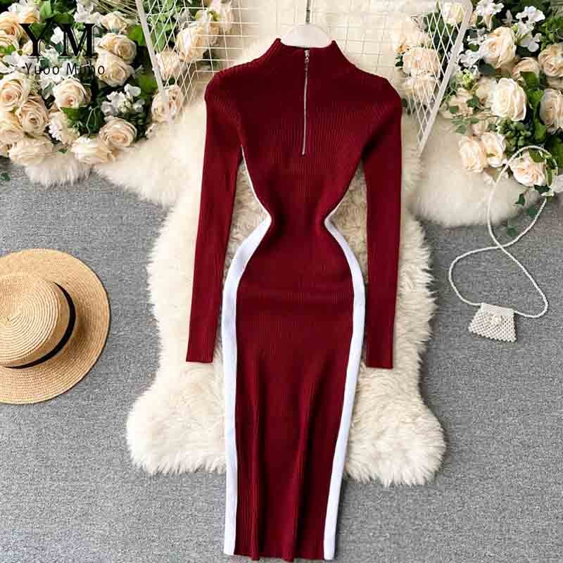 YuooMuoo Autumn Winter Women Sweater Dress Zipper Collar Long Sleeve Casual Knitted Bodycon Dress Slim Stretchy Ladies Dresses: Burgundy
