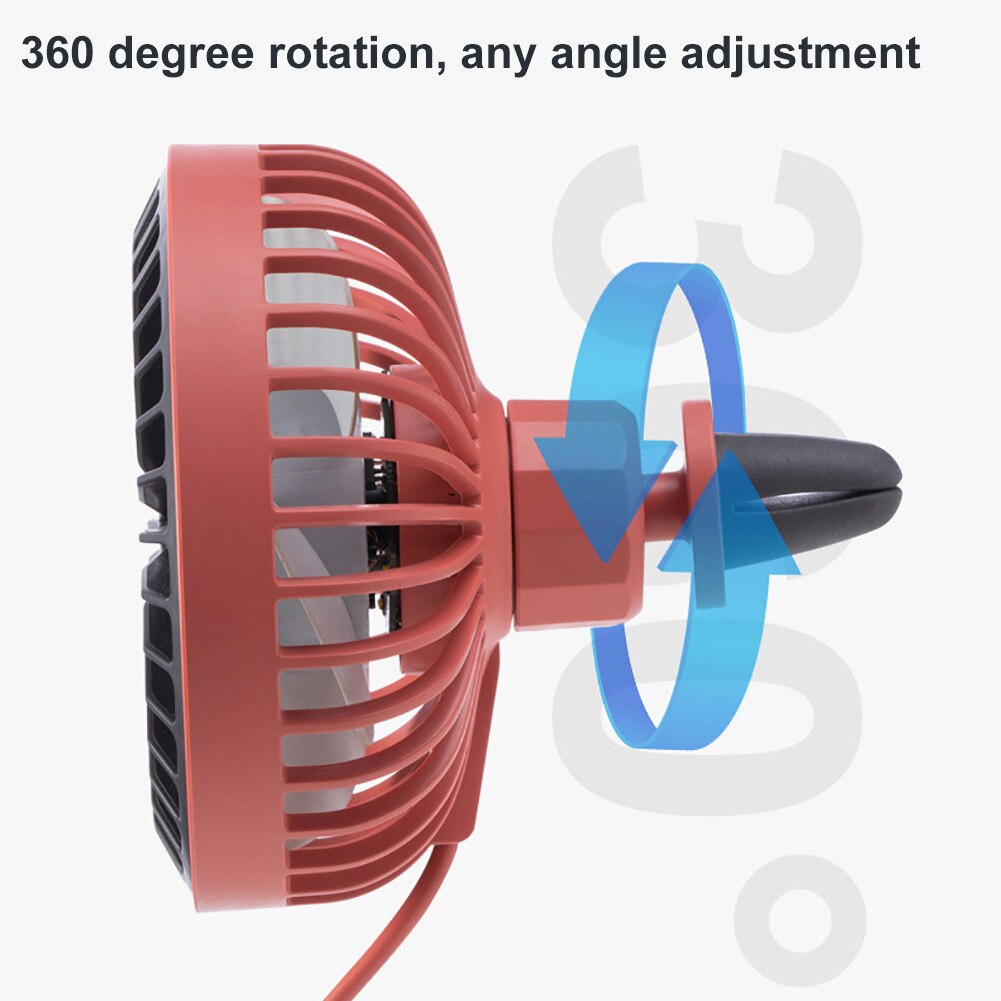 Ventilador giratorio de 360 grados para coche, luces LED de colores y potencia USB, ventilador de aire de refrigeración potente montado en la rejilla de ventilación