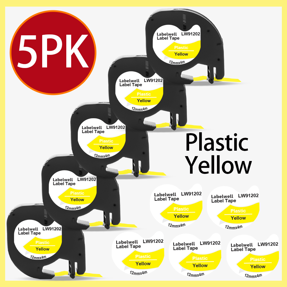 Labelwell 7PK 91202 91222 91332 plastikowa etykieta dla Dymo LT 12mm taśmy LT 91201 91200 91203 91204 12267 dla Dymo LetraTag LT-100H: 5PK 91202 Yellow