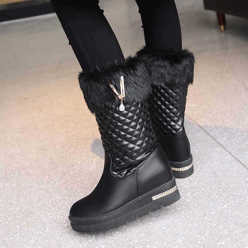 Bottes de neige avec strass pour femme, chaussures chaudes en fourrure épaisse, mi-mollet, , k879