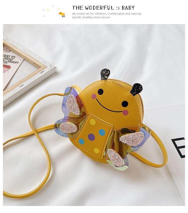 Cute Children Cartoon Bee Shoulder Bag Girl Handbag Kids Long Strap Sequin Mini Bag Baby Zipper Crossbody: YELLOW