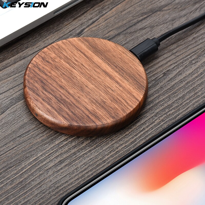 KEYSION 10W Wooden Qi Wireless Charger for iPhone 11 Pro Max XR XS Max 8Plus fast Wireless Charging Stand for Samsung S20 S10 S9