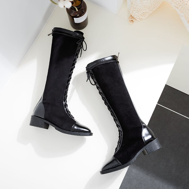 Automne bottes hautes pour femmes dos fermeture éclair microfibre cuir Plus velours chaussures pour femmes talon carré romain chevalier botte grande taille 42