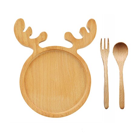 Christmas Dinner Plates For Kids Wooden Children Tableware Wood Dish Plate Wooden Earing Utensils With Spoon And Fork: Deer