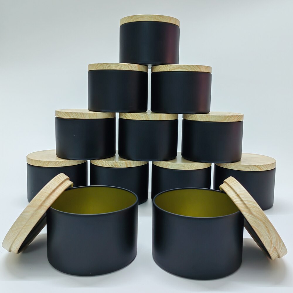 8oz Luxury Candle Jars with Wood Pattern Lid Bulk Round Candle Container Tins Empty Candy Storage Box Cosmetic Pot Black Gold