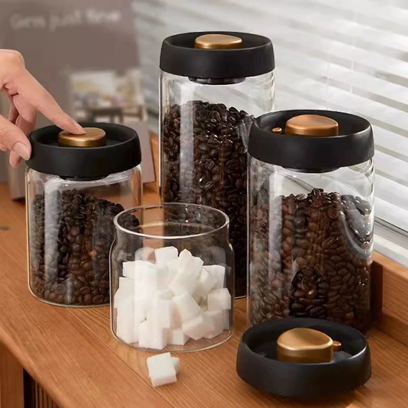 Botella de vidrio para almacenamiento de refrigerador, contenedor de granos de café y alimentos, prensa de aire, tarro de vidrio al vacío