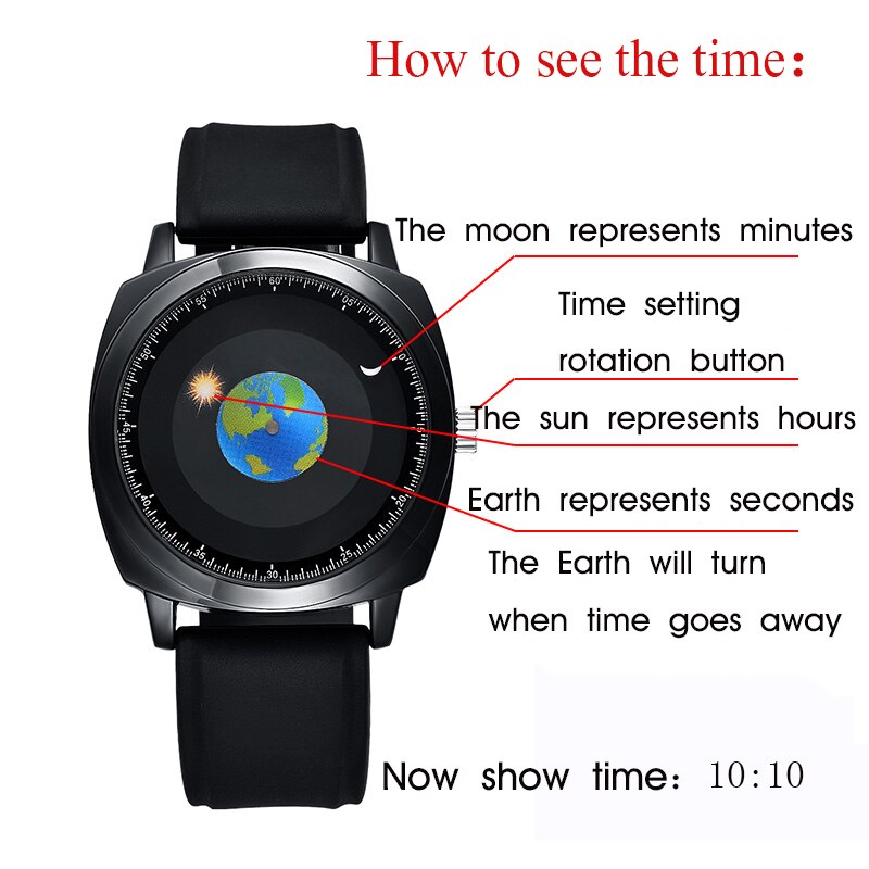 ADDIES Men Watches Rotation Earth Moon Sun Watch Waterproof Quartz Wristwatches Man Clock Reloj de hombre