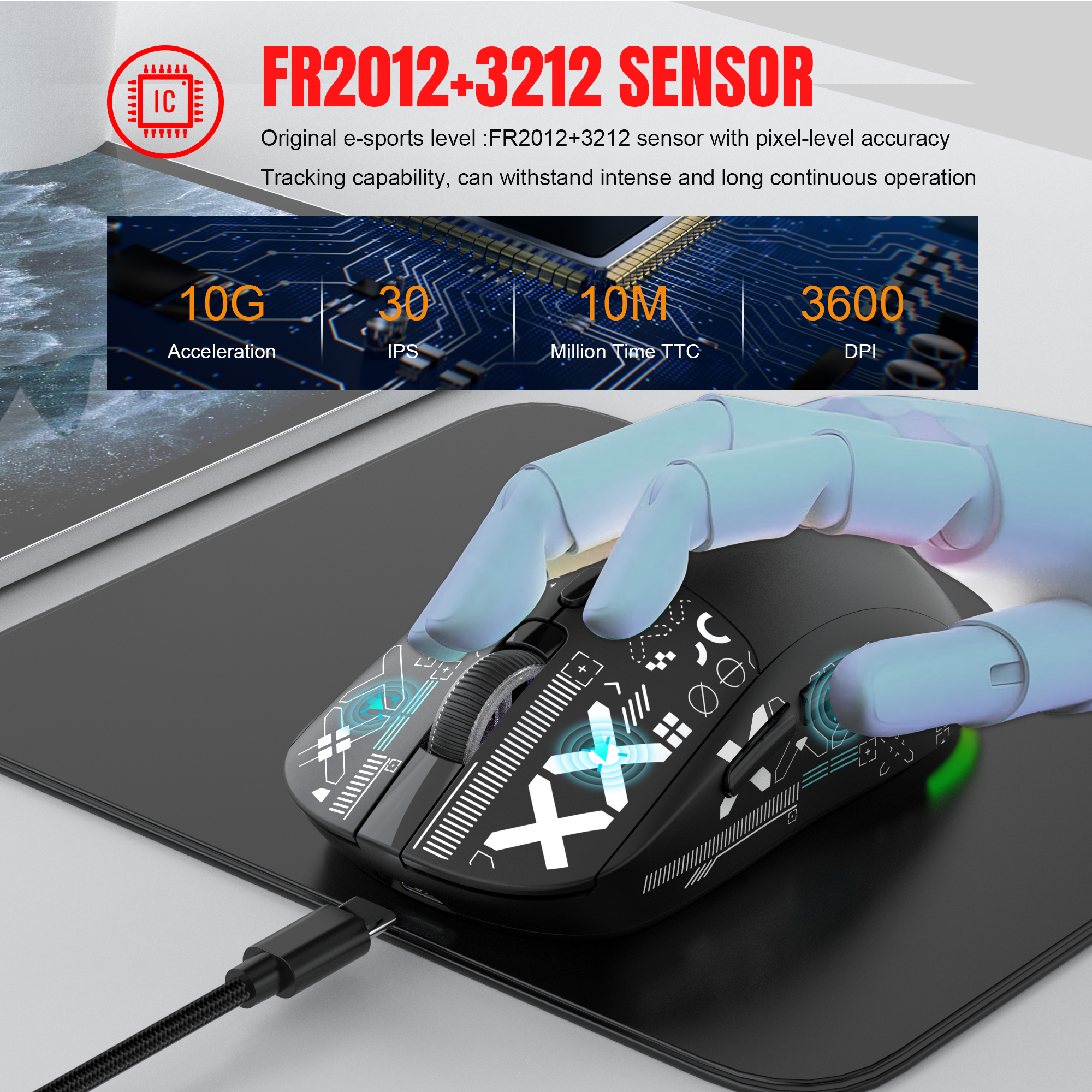Popularna bezprzewodowa mysz do gier HXSJ T90 2.4G z 3 trybami i ciche przyciskami, ergonomiczna, kolorowa, podświetlana RGB, 650 mAh