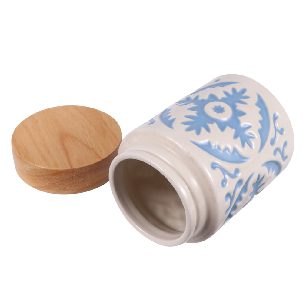 Ceramic Grain Canister Food Kitchen Sealed Storage Container Empty Storage Jar Dried Fruit Jar with Wooden Lid (Red): Blue