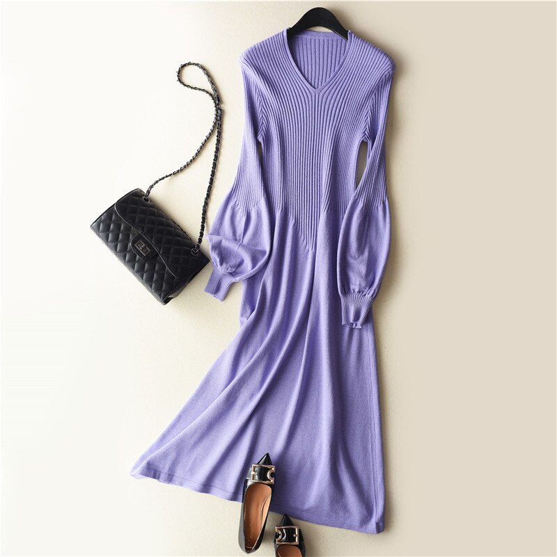 spring Latest style Women's Knitted Cashmere Wool Dress Long style Solid color V-collar Lantern sleeve: Light purple