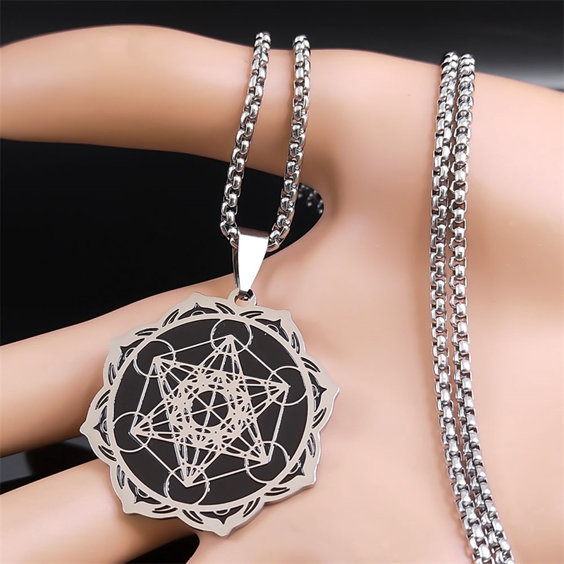 Sacred Geometry Metatron Cube Angel Seal Archangel Necklace for Women Men Stainless Steel Flower of Life Lotus Chain Jewelry