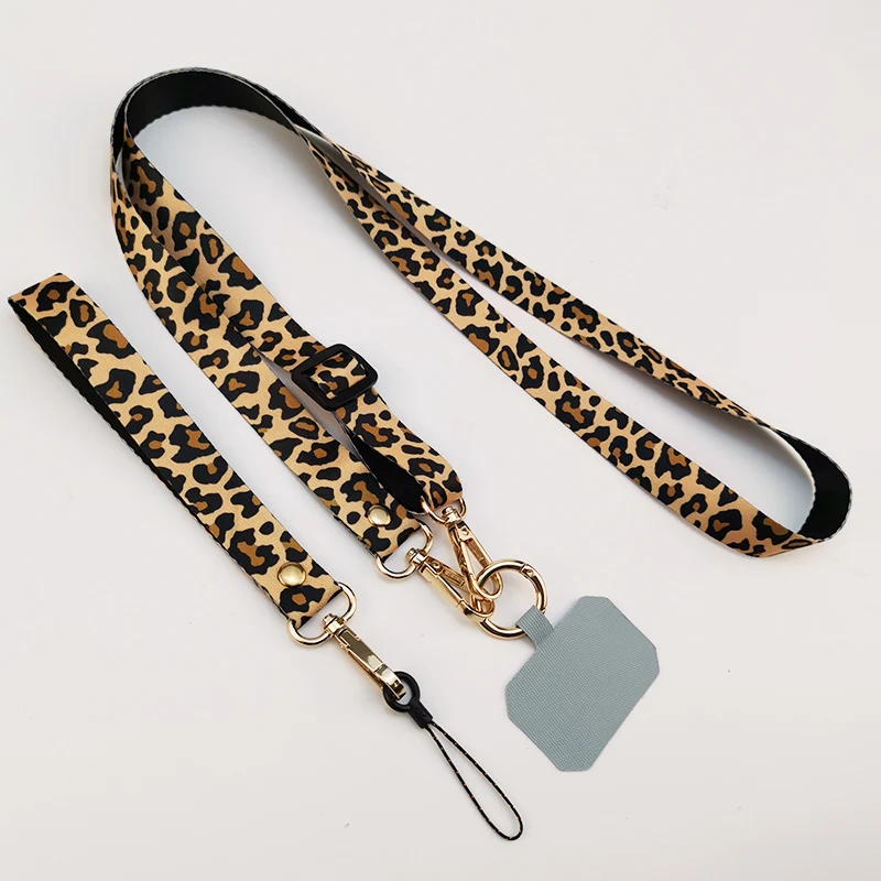 Crossbody luipaardprint op de rug hangende nekketting Verstelbare schouder Brede hanger Anti-verloren sling met clip Mobiele telefoonkoord