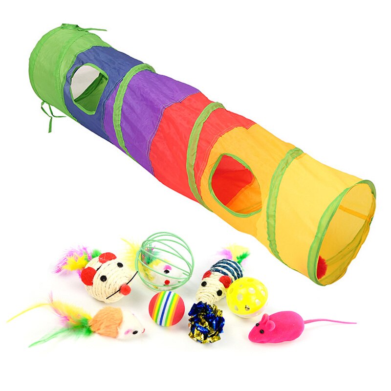 Juguetes para gatos coloridos, Kit para mascotas, túnel contraíble, tubos de Juego de 4 agujeros, bolas, forma de pluma de ratones mascota, gato, suministros interactivos de gatito: Tunnel-9PCS
