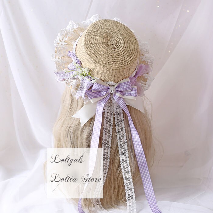 Sombrero de paja para mujer, sombrero de sol Mori Girl con lazo a cuadros: Lavanda