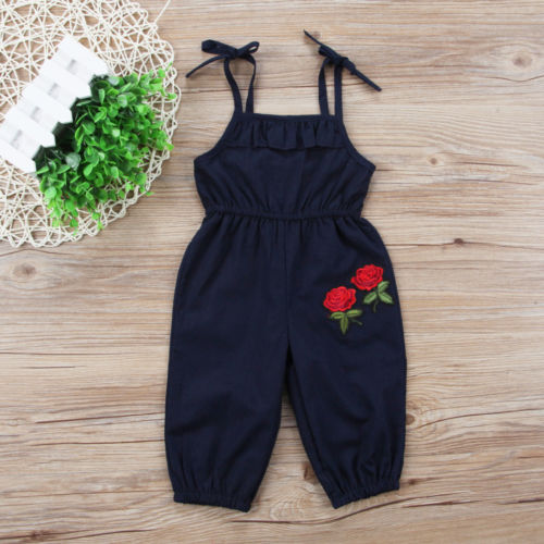 VS VOORRAAD Kids Meisjes gedrukt Borduurwerk bloemen Overalls Jumpsuit pak Outfit Kleding strap bandage mouwloze Overalls voor meisjes