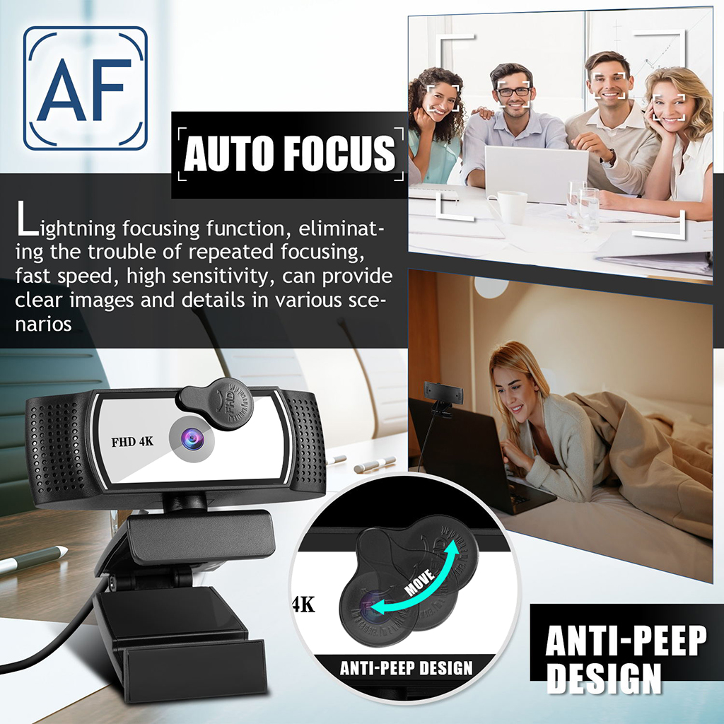 Webcam 1080 4K 2K Focus AutoFocus Web Cam USB PC Computer Microphone Desktop 360° Camera Video Widescreen Live Cam 800W