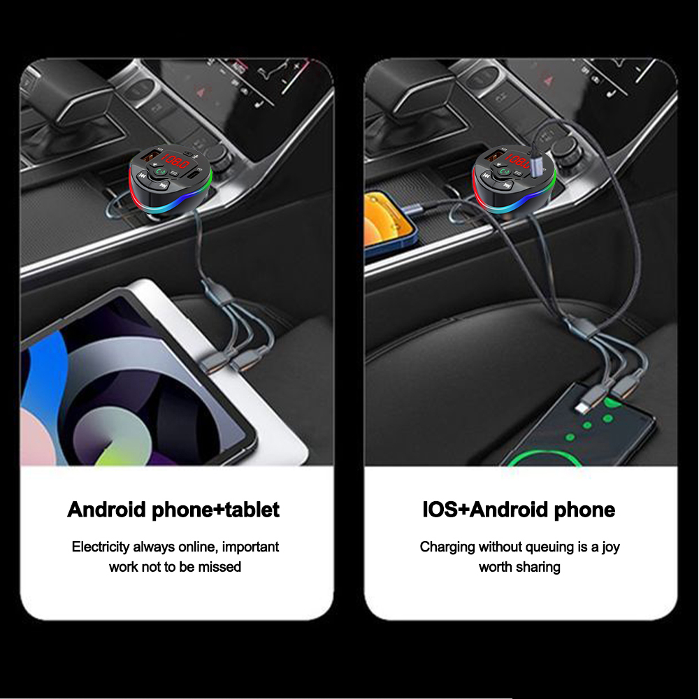 Modulador de transmisor FM para coche, Bluetooth 5,0, llamada manos libres, reproductor MP3, USB PD, cargador rápido de 66W con Cable 3 en 1 para IPhone y Huawei