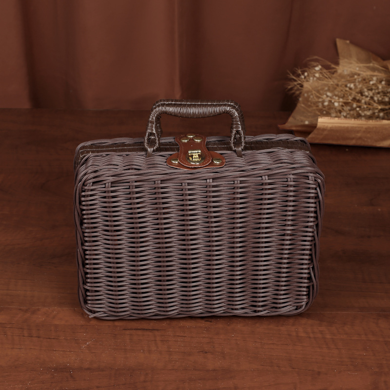 Retro Weave Rattan Storage Box Suitcase Woven Wicker Jewelry Cosmetic Storage Case Picnic Baskets Home Storage Decoration: XXL / Pink