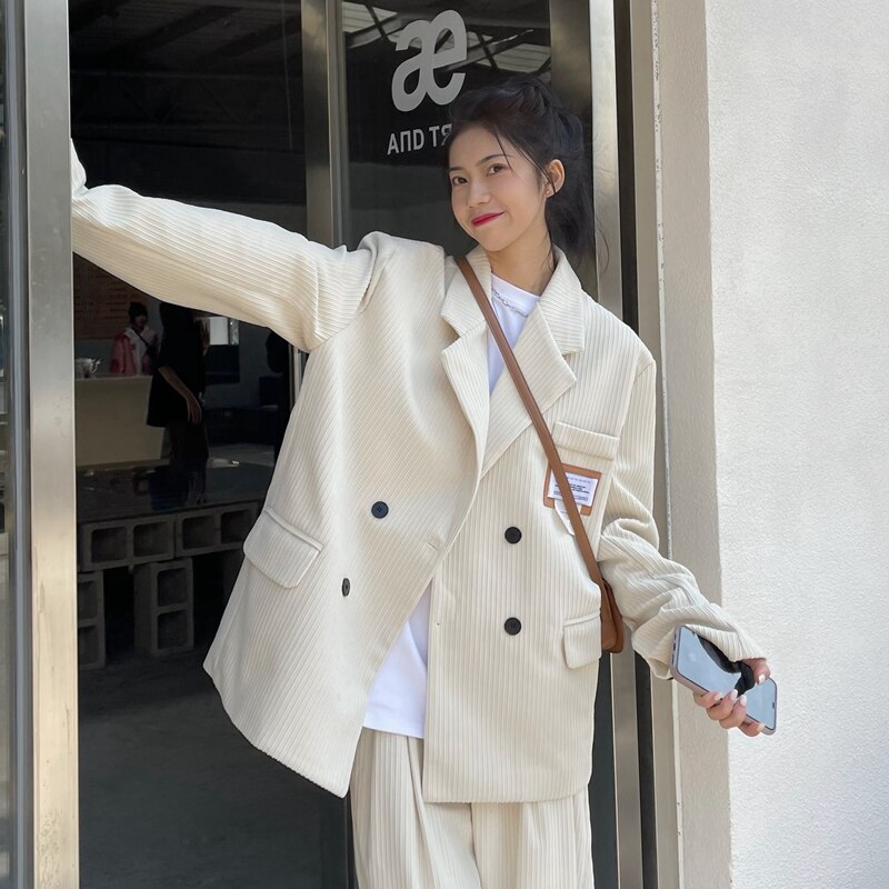 Snygg manchester oversized kavaj jacka kvinnor lös kontor dam kostym enkelknäppt kappa koreansk chic solid ytterkläder