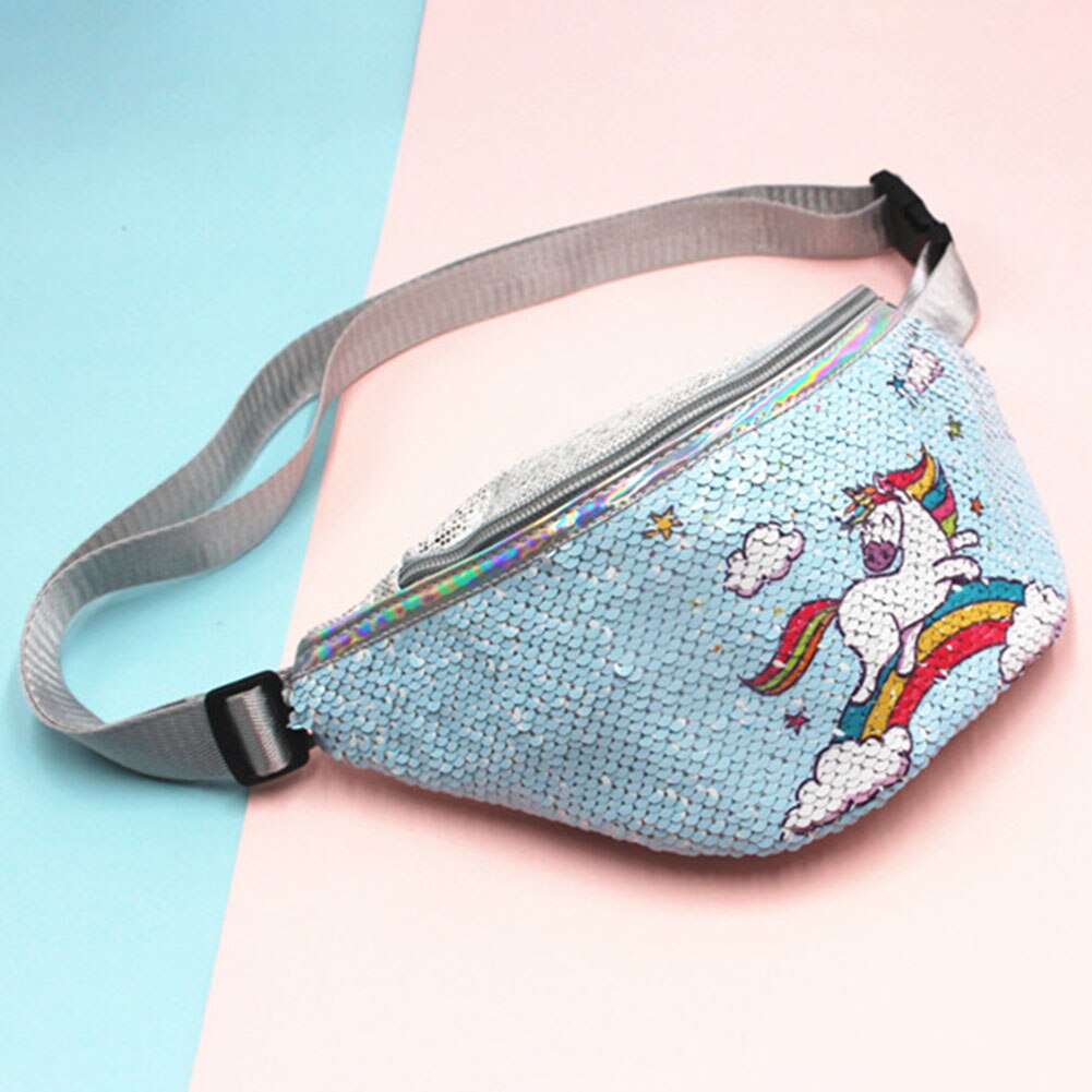 Kids Sequins Printing Unicorn Waist Bag For Women Fanny Packs Girls Shoulder Bag Travel Mobile Phone Bags