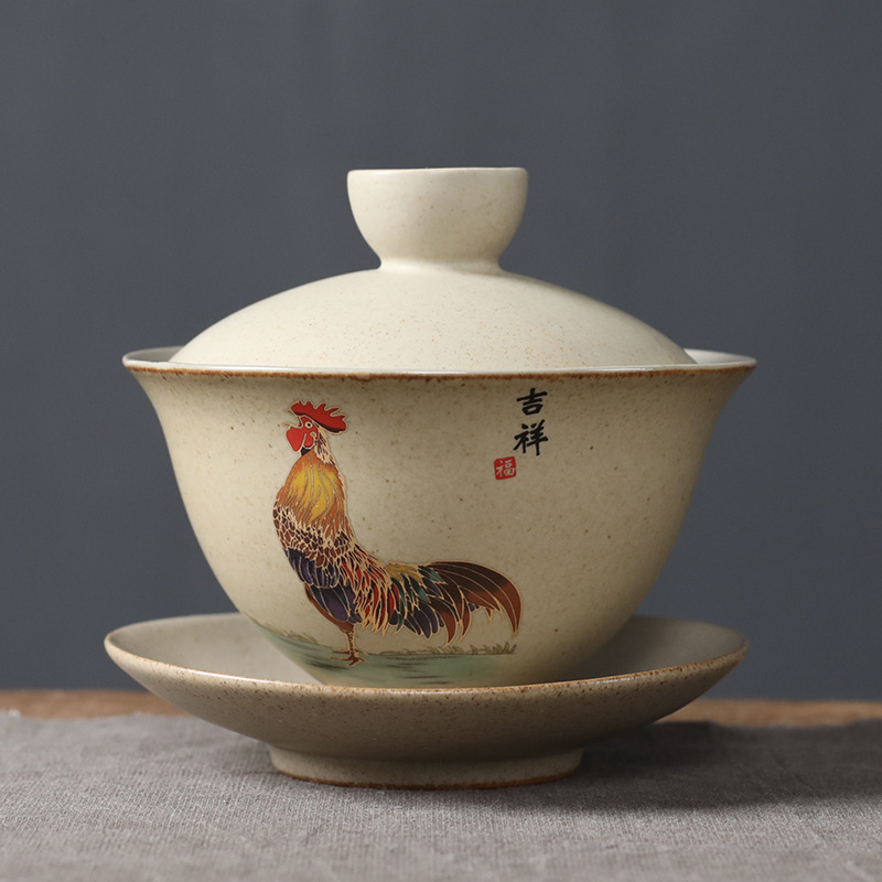 Stentøj te skål med dækning kinesisk gaiwan hjem retro hane te maker groft keramik te sæt keramisk tekop og underkop sæt