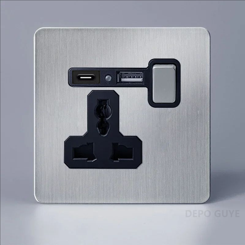 Double Prise de Courant Murale en Acier Inoxydable Brossé, Rétro, UE, France, Levier D.lique Interdit, 1-4 lèvent, 2 Voies, Panneau d'Joli, RJ45: Bourgogne