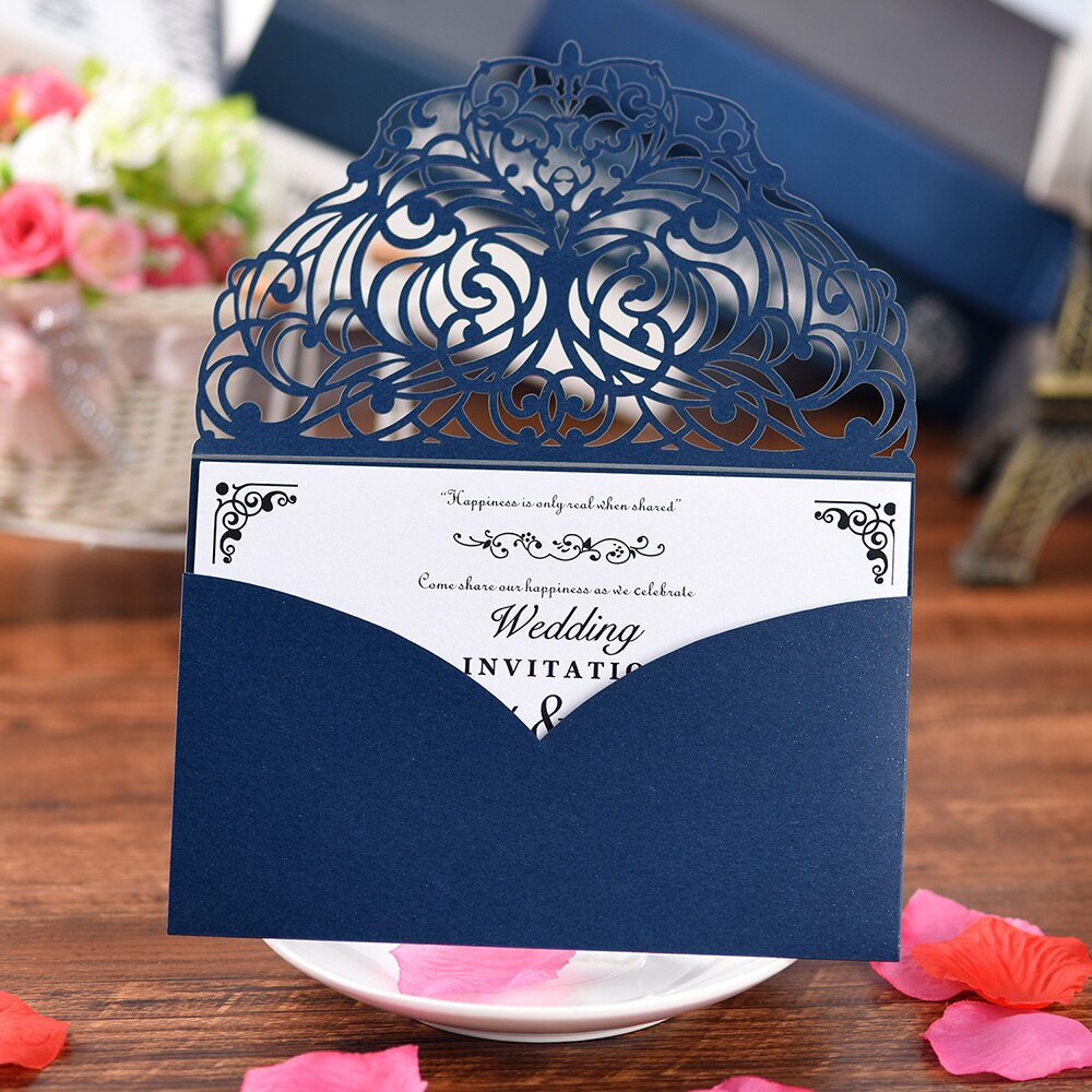 10Pcs Pearl Paper Invitation Cards Delicate Carved Floral Pattern Invitation Cards Blue Card For Wedding Engagement Anniversary