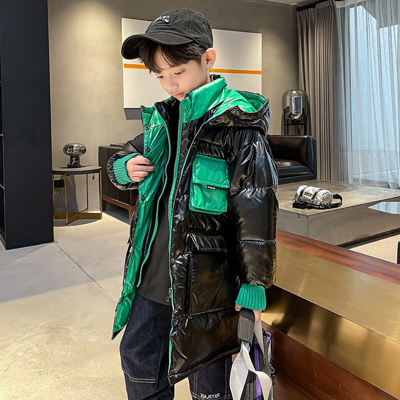 Veste d&#39;hiver russe pour enfants, Parka pour garçons, vêtements noirs brillants, manteaux imperméables à capuche, vêtements d&#39;extérieur mi-longs pour adolescents de 4 6 8 10 12 ans