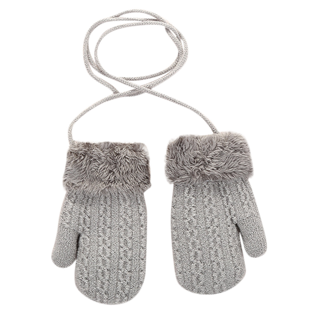 Kids Herfst Winter Gebreide Warme Handschoenen Meisjes Jongens Outdoor Winter Patchwork Warm Houden Wanten Handschoenen Bont Sneeuw Touw Handschoenen Zwart