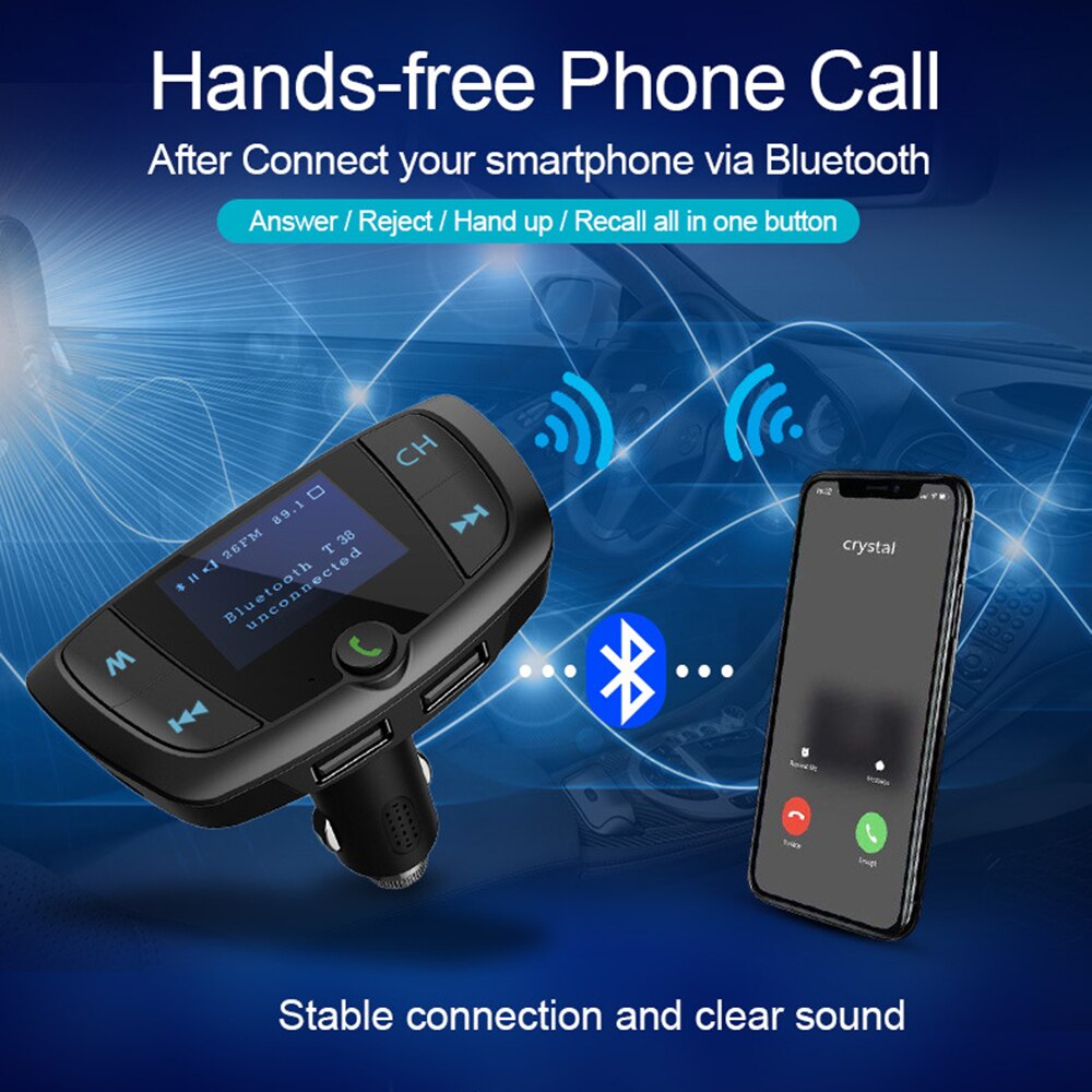 JINSERTA Bluetooth FM Transmitter Dual USB Charger Wireless Handsfree Car Mp3 Player Support U Disk / TF Card Music Play