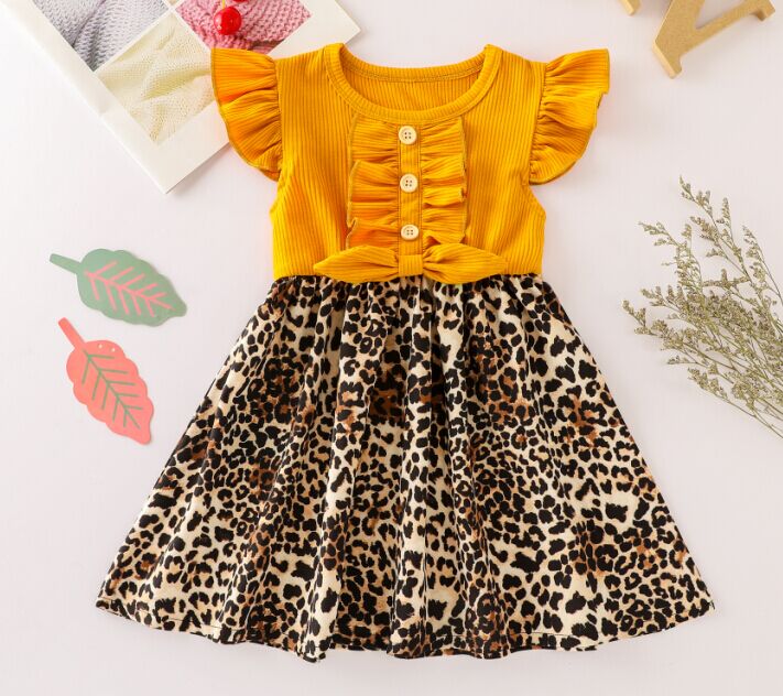 Baby Mädchen Leopard Patchwork Kleid, Sommer Gedruckt Fliege Hülse Kleid für freundlicher Kleinkind