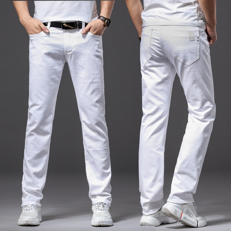 Pantalones vaqueros blancos cómodos para hombre, jeans ajustados de estilo clásico informal, a la , de avanzada, elásticos, para las cuatro estaciones