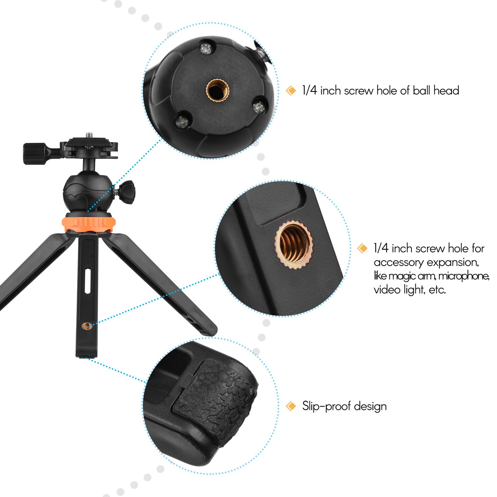 Mini Desktop Tripod with 2 Levels of Adjustable Height Max. Load Bearing 1.2KG 1/4 Inch Screw for Camera Camcorder Smartphone