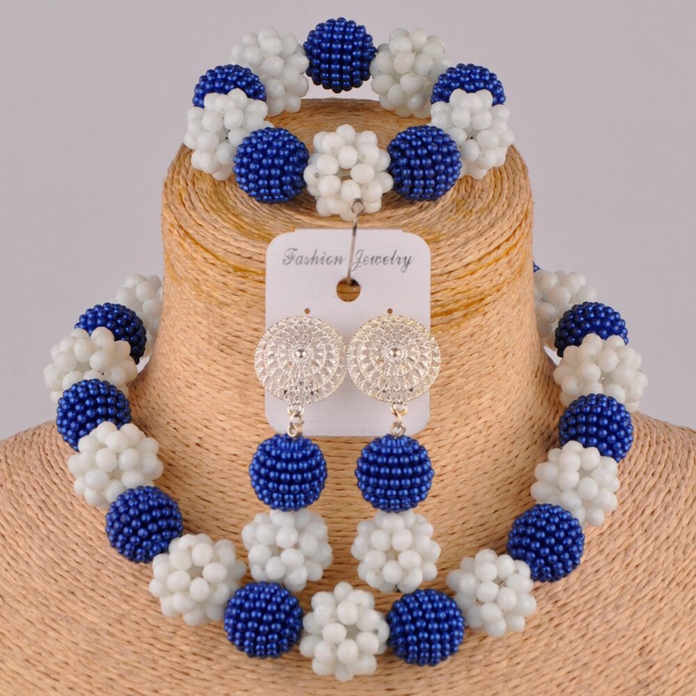 Royal Blue and Yelow African Beads Jewelry Set: Royal Blue White