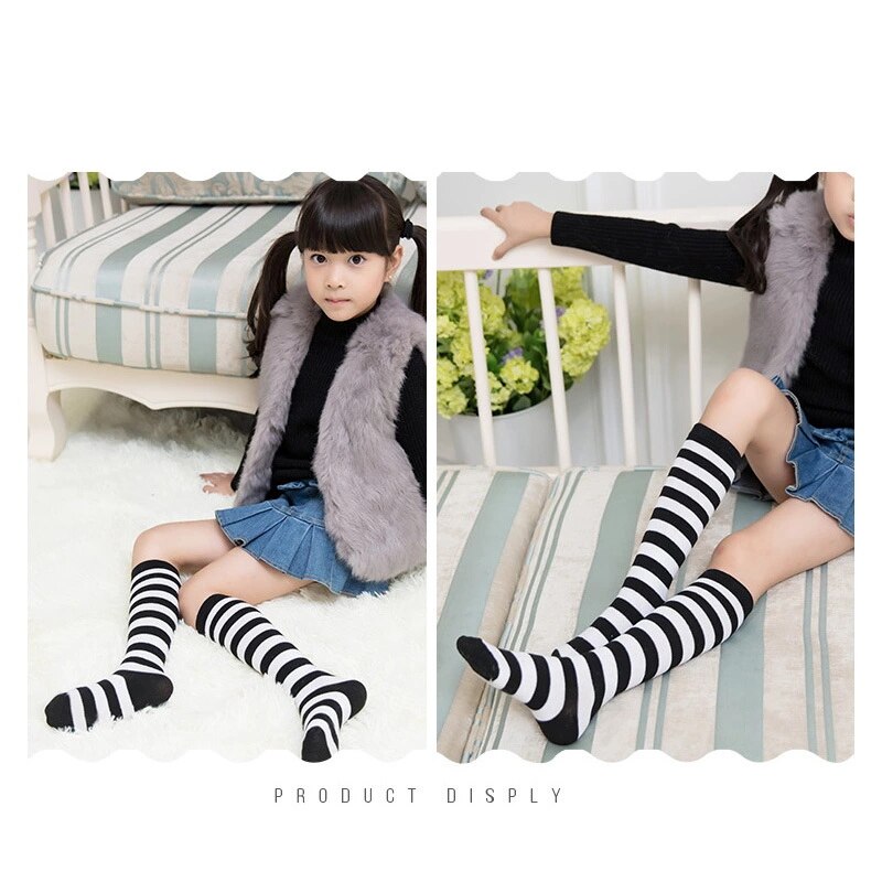 5 Colors Summer Girls Thin Knee High Socks for Children 3-6Y Red and White Striped Tube Long Socks Kids: White Black Stripes