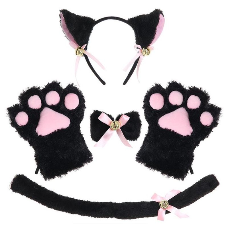 Costume de Cosplay pour femme chat femme, cloche d'oreille en peluche, bandeau, bandeau, gants ras du cou, doux, légers et faciles à porter en: 1