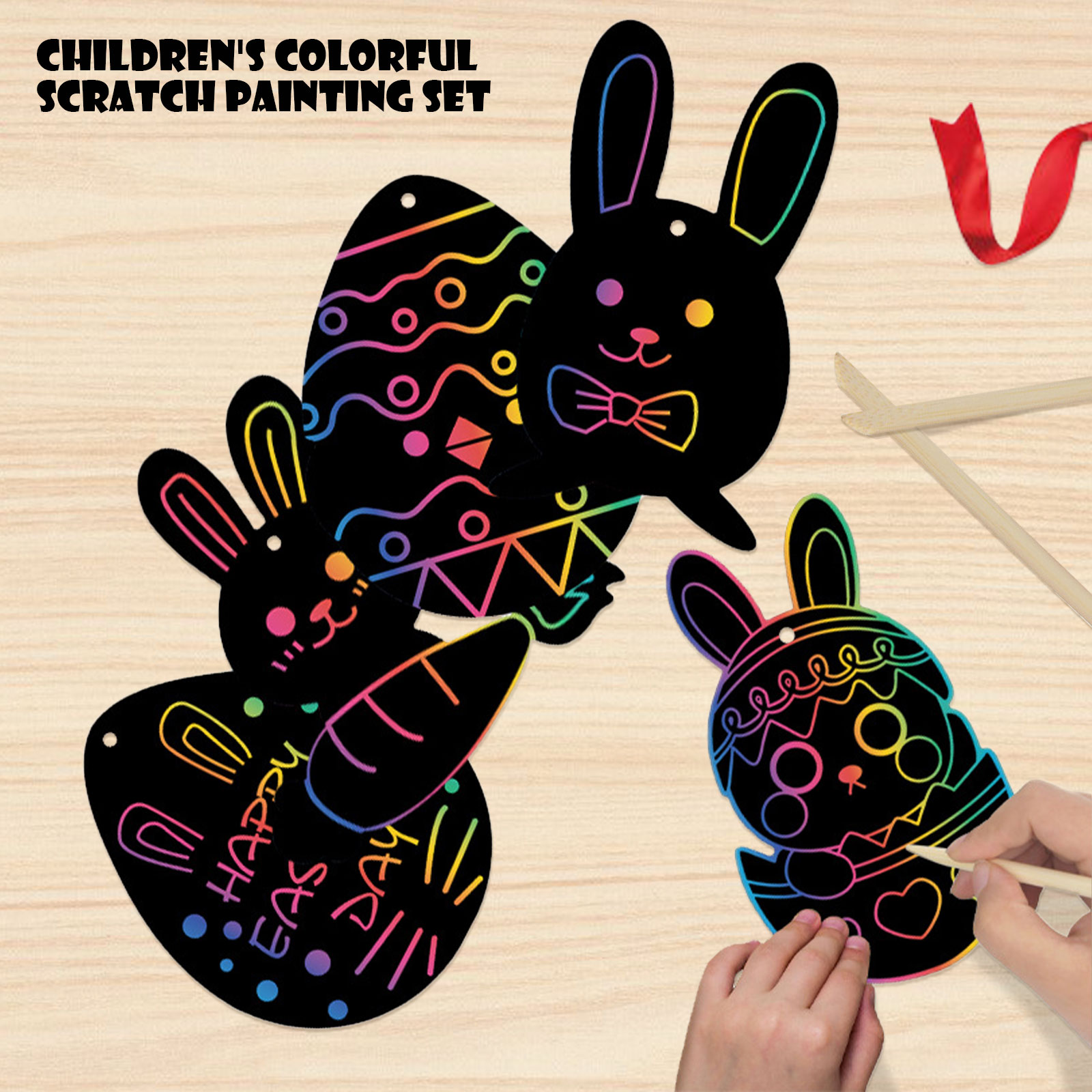 Diy Paasei Regenboog Paasei Konijn Kuiken Scratch Art Ornamenten Met Linten Krassen Pennen Voor Kinderen Hunt Party