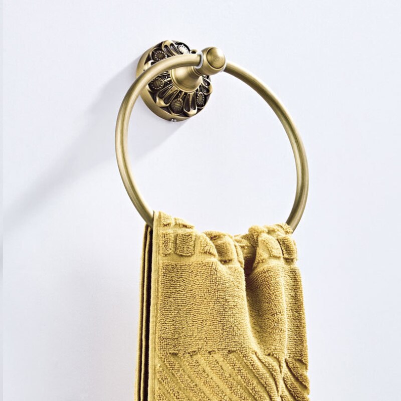 Antieke Badkamer Accessoires Set Brons Vintage Messing Föhn Houder Wc Papier Handdoekenrek Ring Zeep Mand Gewaad Haak Handvaten: Towel Ring A