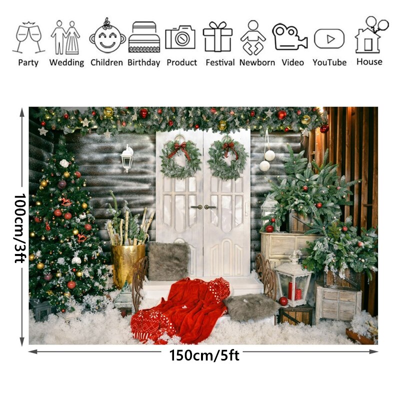3D Christmas Tree Door Photography Background Winter Snow Wall Backdrops Photo Studio Props: 5x3ft