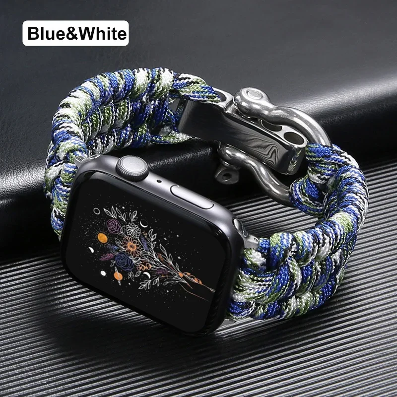 Survival Outdoor Braided Band for Apple Watch 49MM 45mm 44mm 42mm Rope Strap for Iwatch 7 6 5 4 8 9 SE 40mm 41mm Nylon Bracelet: XXL / AZURE
