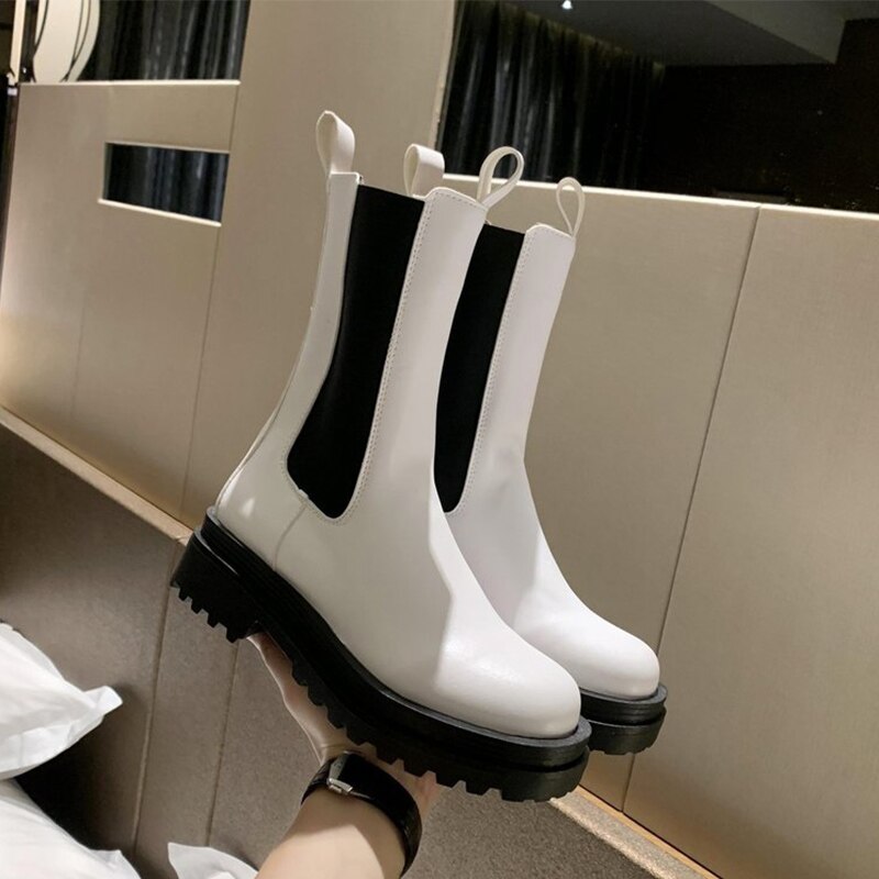 Women Chunky Heel Ankle Boots Woman Shoes Autumn Brand Chelsea Boots Female Platform Boots Lasdies Low High: white / 8.5