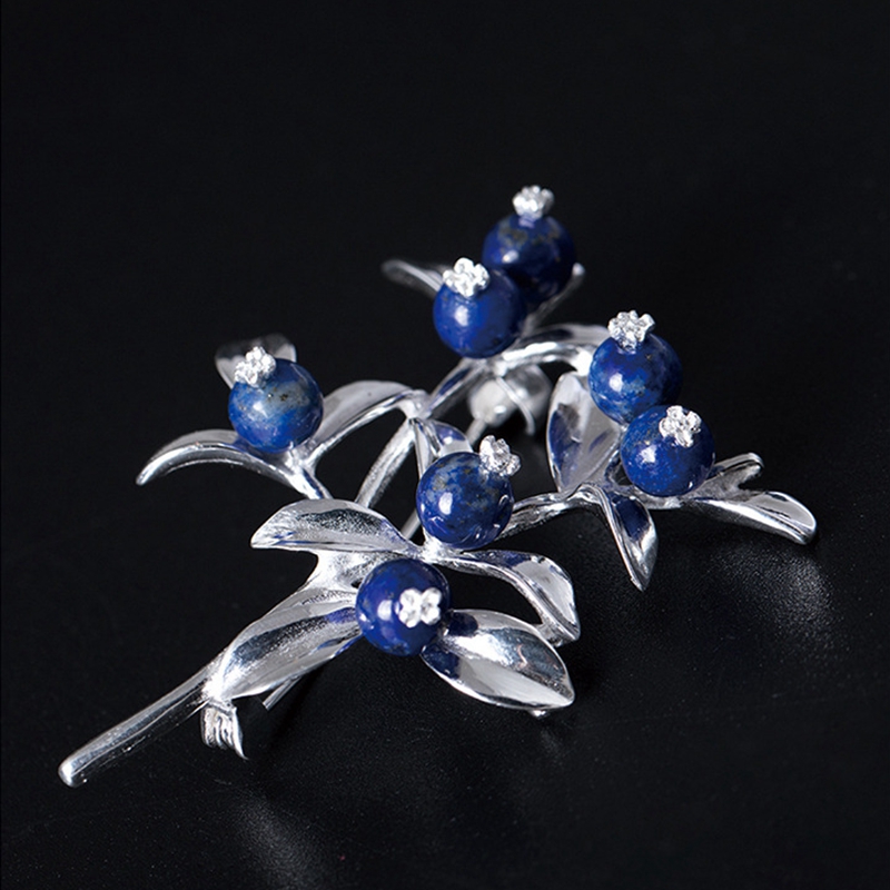 LouLeur 925 sterling silver lapis brooches original leaves blueberry lapis brooches for women party wedding jewelry