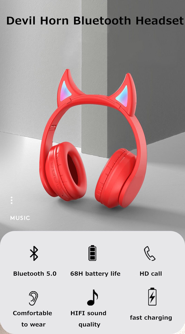 Glowing Devil Ear Headphones - LED Wireless HIFI Stereo Bass with Mic - Kids Headset