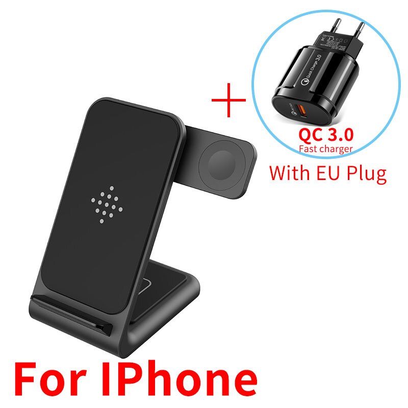 15W Draadloze Oplader 3 In 1 Snel Opladen Voor Iphone 12 11 Pro Xs Samsung S10 Draadloze Oplader Dock station Voor Airpods Iwatch 6: Black With EU Plug