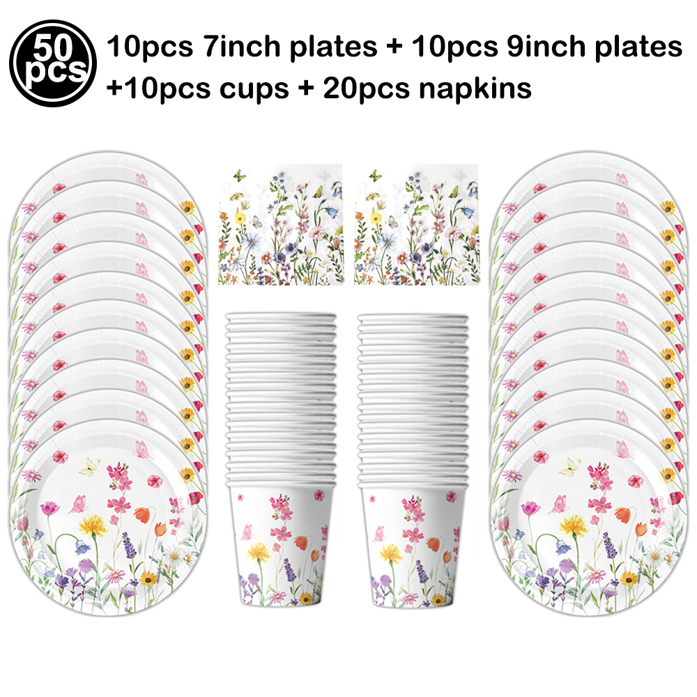 Wildflower Baby Shower Party Supplies for Girls Birthday Spring Floral Wedding Party Decors Disposable Paper Plates Napkin Cups: Brown