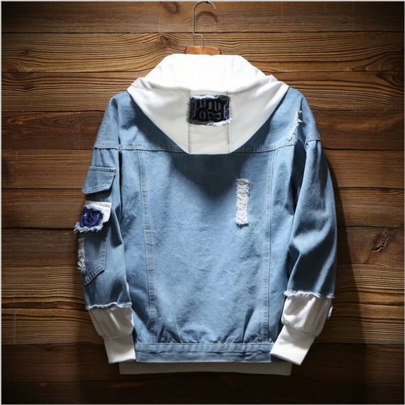 Veste d'automne en Denim à capuche homme, vêtement de Cowboy homme, en faux deux pièces de Streetwear, à la