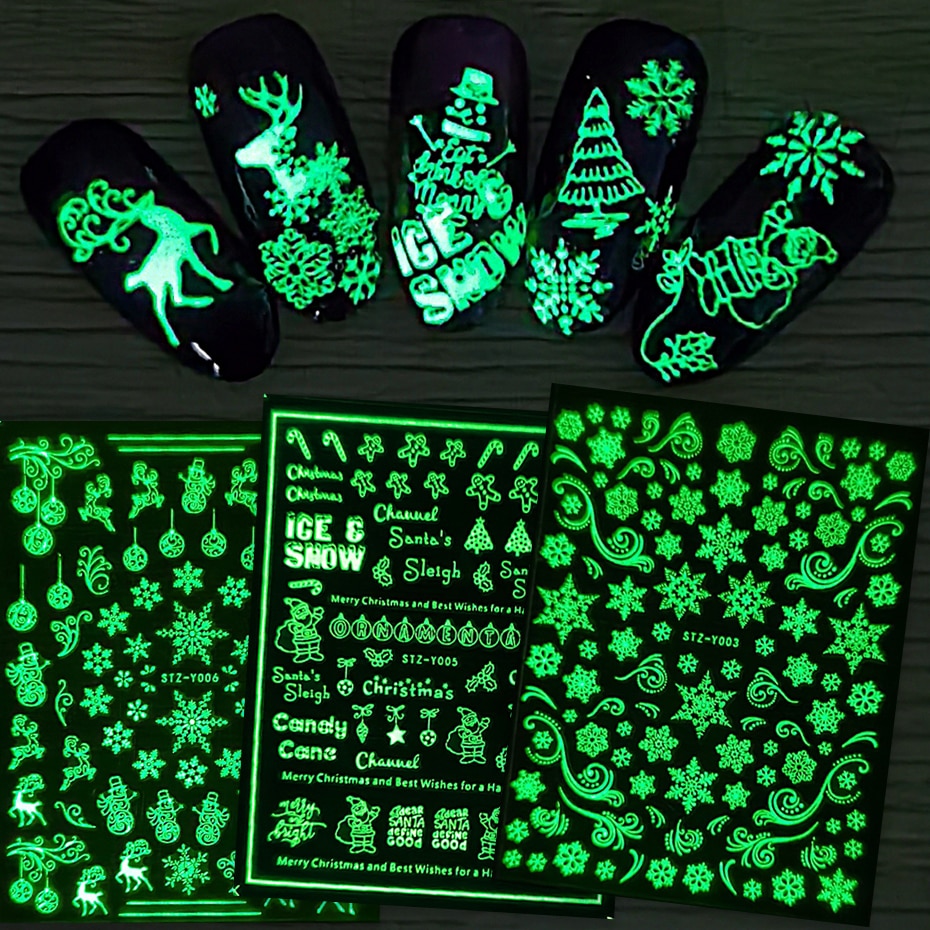 1Pcs 3D Lichtgevende Nail Stickers Kerstmissneeuwman Kerstman Elk Glow In The Dark Slider Voor Manicure Winter Decoratie JISTZY001-009