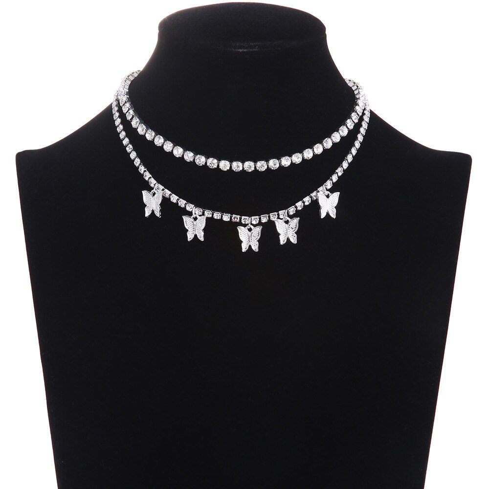 Rhinestone Butterfly necklace set charms crystal choker necklace for women Tennis Chain Trendy Luxury jewelry: silver color