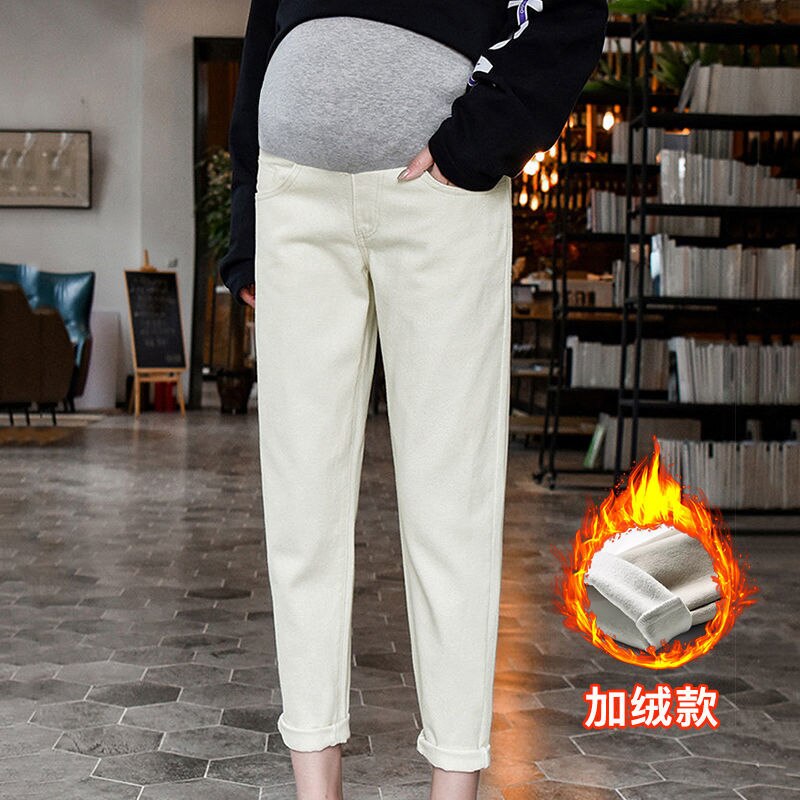 Winter Fleece Loose Cooton jeansy ciążowe ciążowe spodnie ciążowe dżinsy typu Boyfriend spodnie ciążowe dla kobiet w ciąży ubrania: white Fleece / L 55-62KG