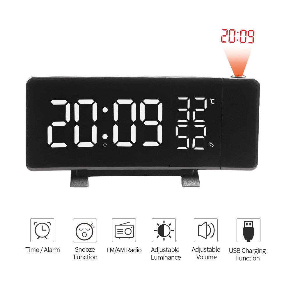FM Radio Projection Alarm Clock With Dual Alarms Snooze Function 2 USB Charging Port Large Display Thermometer Sleep Timer Clock